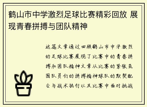 鹤山市中学激烈足球比赛精彩回放 展现青春拼搏与团队精神