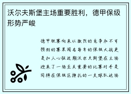 沃尔夫斯堡主场重要胜利，德甲保级形势严峻