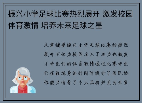振兴小学足球比赛热烈展开 激发校园体育激情 培养未来足球之星