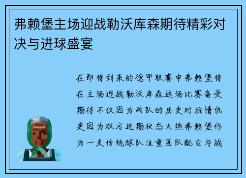 弗赖堡主场迎战勒沃库森期待精彩对决与进球盛宴