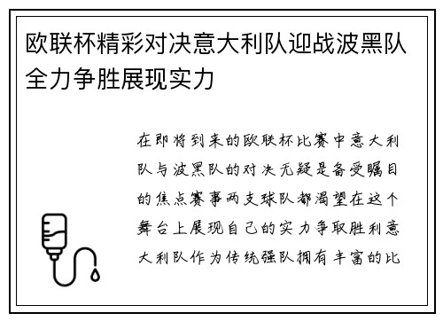 欧联杯精彩对决意大利队迎战波黑队全力争胜展现实力
